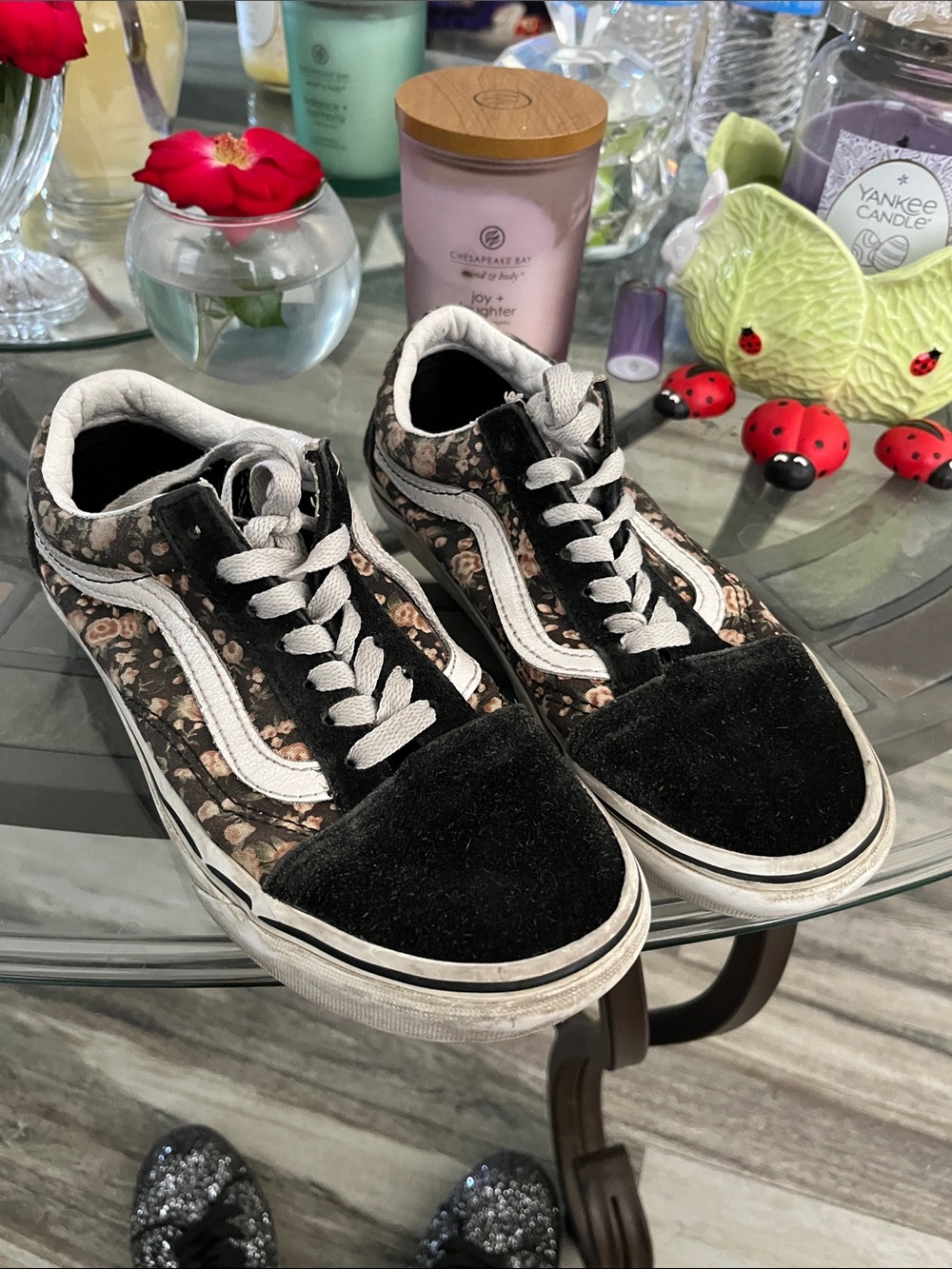 Kids Vans Floral Old Skool Sneakers - Black, White, Brown